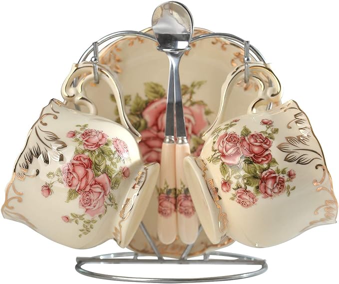 YOLIFE Tea Cups and Saucers Set of 2, Porcelain Floral Tea Cups Set with Holder, Fancy Vintage Teacups 8 oz