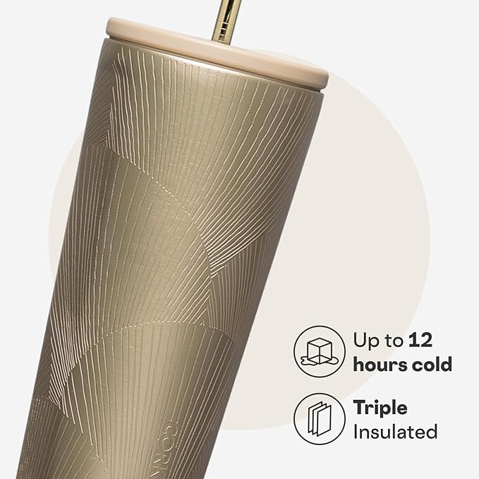 Corkcicle Cold Cup Insulated Tumbler with Straw - Keeps Drinks Cold for 12 Hours - Triple-Insulated Stainless Steel - Leak-Resistant Lid - Summer Drinkware Gift - 24 oz - Champagne Dreams