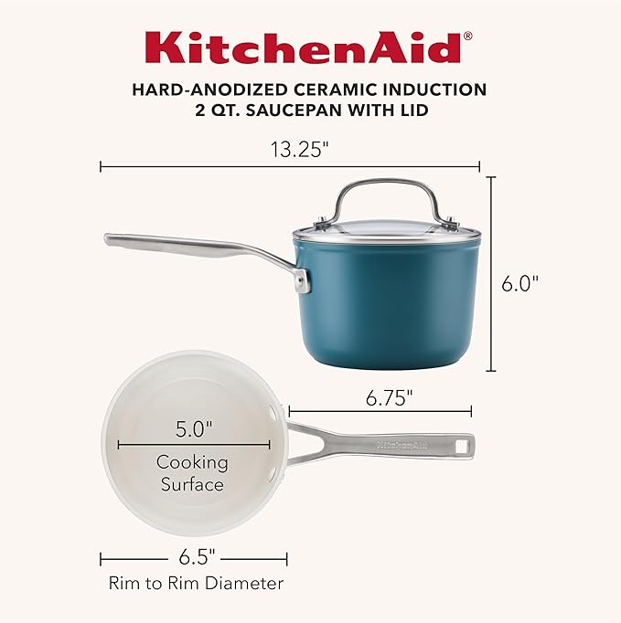KitchenAid Hard Anodized Ceramic Induction Nonstick Cookware Saucepan with Lid, Dishwasher Safe, 2 Quart Non Stick Sauce Pan with Stainless Steel Handle - Agave Blue