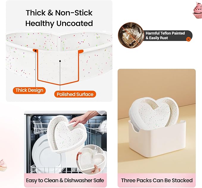 SJ 3P Silicone Heart Shaped Cake Pans, 6 Inch 8 Inch 10 Inch Nonstick Cake Pan, BPA Free Silicone Heart Cake Baking Mold for Oven Dishwasher Safe-Creamdot