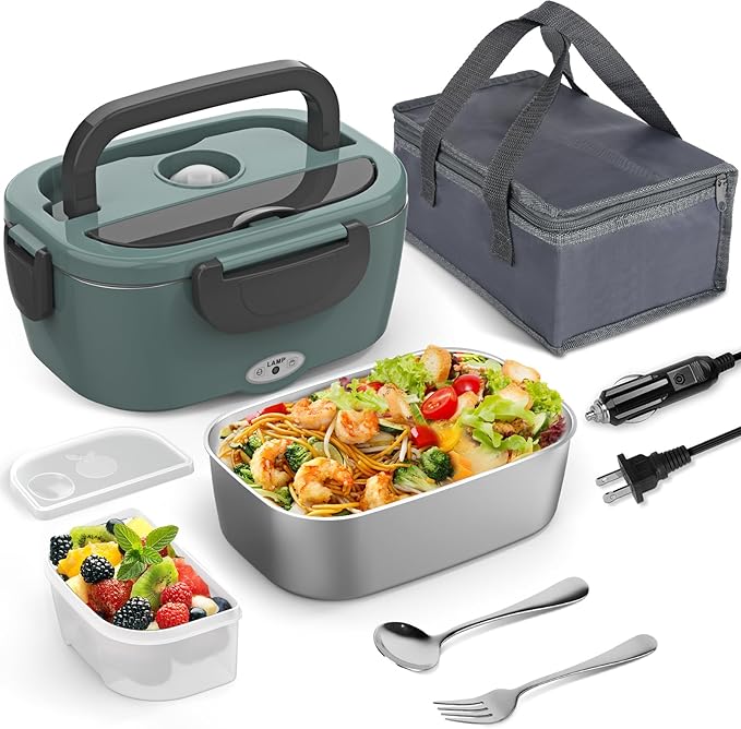 Green Electric Lunch Box Food Heater 80W Heated LunchBox for Adults, 12V 24V 110V 220V Lunch Warmer Portable for Work Car Truck Jobsite Work with 304 Stainless Steel Container Christmas Gift