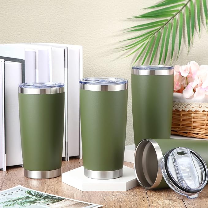 Sieral 36 Pack Stainless Steel Tumblers Bulk with Lids Double Wall Vacuum Insulated Coffee Cups Blank leakproof Powder Coated Tumblers for Engraving Wedding Graduation Party Favors(20 oz,Army Green)