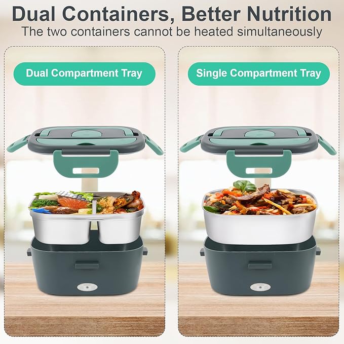 Electric Lunch Box Food Heater for Adults, 80W Fast Heated Lunchbox for Men with Dual Containers and Lids, 1.5L Portable Food Warmer Heating Lunch Box for Work Car Truck Office, 110V/12V/24V-Green