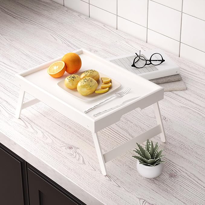 4 Pack Bamboo Bed Tray Table with Folding Legs,Breakfast Trays,Serving Tray for Food and Snack,Laptop Trays for Working(White)