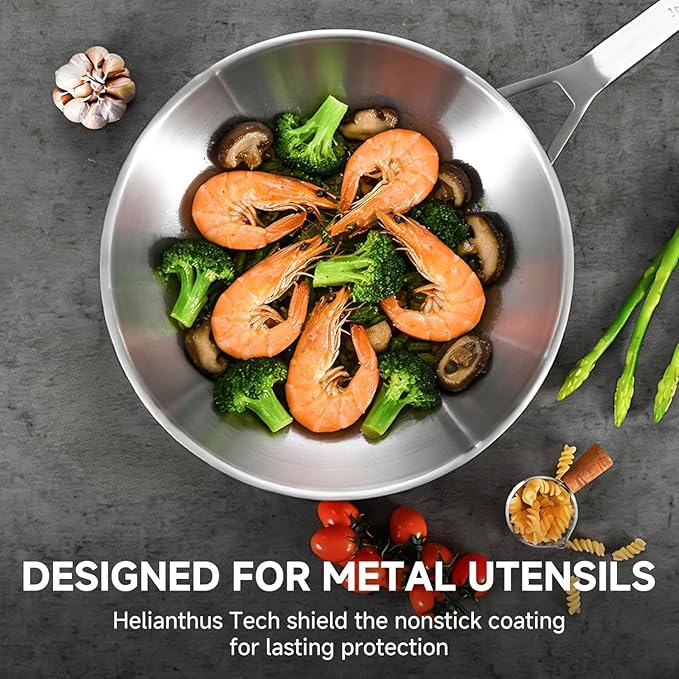 Inqibee 12 Inch Stainless Steel Wok Pan with Lid, Tri-ply Stainless Steel Frying Pan, Stir-Fry Pans & PFOA-Free Woks, Induction Compatible, PFOA Free, Dishwasher & Oven Safe