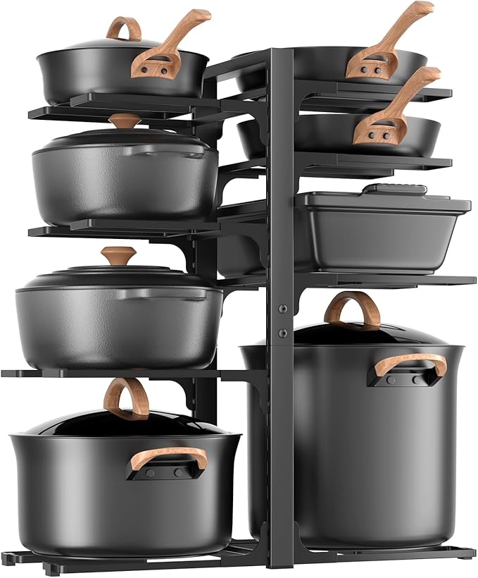 LAMU Pots and Pans Organizer under Cabinet 20.8" Height, 8 Tier Heavy Duty Pan Organizers inside Cabinet with Adjustable Pot Rack, Holds up to 120 LB for Stockpots Dutch Ovens and Cast Iron Cookware
