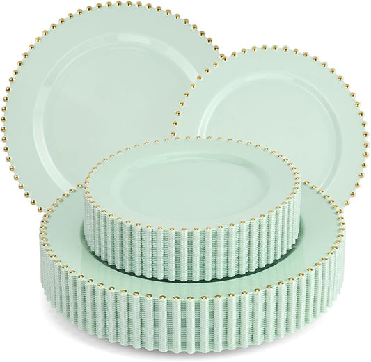 EI 60pcs Green Plastic Plates with Gold Rim,Disposable Heavy Duty Sage Green and Gold 10" Dinner & 7" Dessert Plastic Plate for Birthday,Afternoon Tea,Wedding,Spring,Valentine's Day,Easter