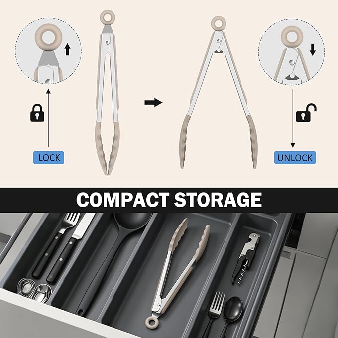 Kitchen Tongs, Stainless Steel Cooking Tongs with Silicone Tips, 600ºF High Heat-Resistant Non Scratch Locking Tongs for Cooking BBQ Grilling Air Fryer Pans, Set of 2 (7" 9" and 12") Beige