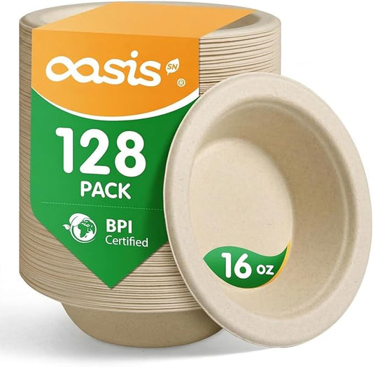 16 oz 128-Pack Compostable Paper Bowls, Disposable Salad & Soup Bowls, Heavy-Duty Bagasse Bowls for Pasta, Chili & Rice, Microwave & Freezer Safe, Eco-Friendly (Natural)