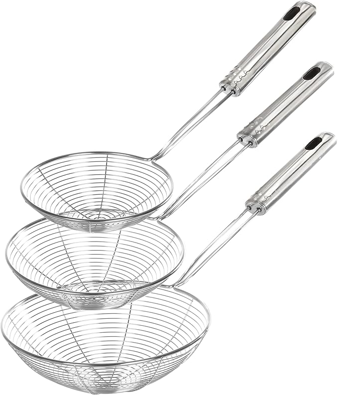 Enhanced Version Stainless Steel Spider Strainer Skimmer Ladle, Set of 3 Sizes Kitchen Strainer Spoon for Cooking and Frying, Pasta Strainer, Food Preparation-32.5cm, 36cm, 38cm