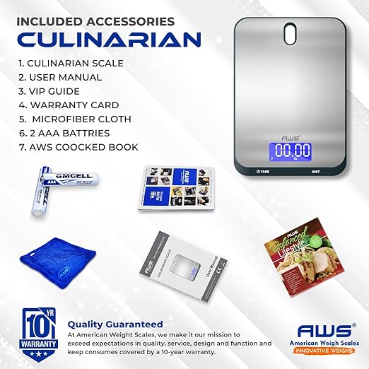 AWS Culinarian Digital Kitchen Cooking Baking Food Scale 22lb x 0.1oz | Stainless Steel with Tare, Touch Buttons, Water-Resistant Surface | Milk/Water mL Mode, Thin Design & Backlit Display