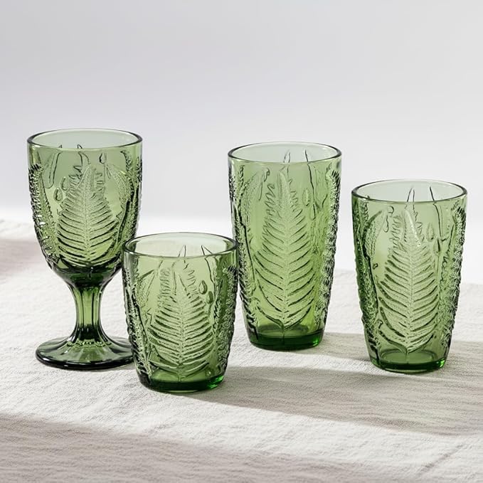 Vintage Green Stemmed Goblets Set of 4, Fern Embossed Textured Glass Wine Goblets, Retro Boho Colored Stemware, Decorative Drinking Glasses for Water, Wine & Cocktails, Vintage Glassware Gift Set