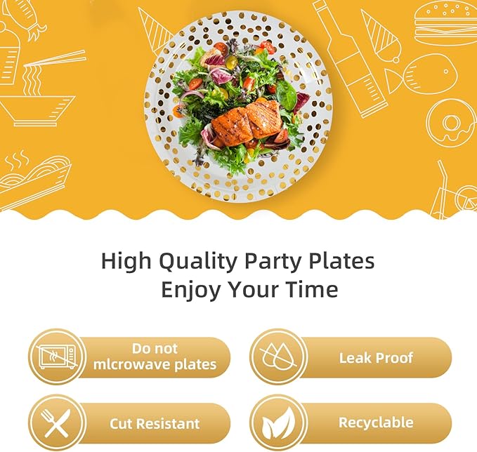 White and Gold Paper Plates,7INCH Gold Dot Dessert Plates,Disposable Party Supplies Suitable for Weddings,Birthdays,Bridal Parties,All Occasions(100 PCS)