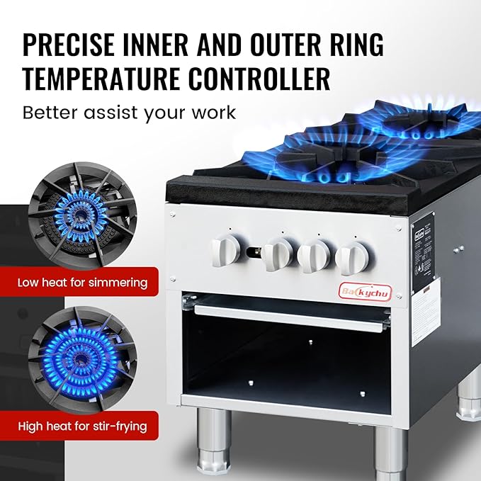 Commercial Gas Stove with Cabinet, 160,000 BTU 2 Burner Stove Range, 18" Countertop Cooking Stockpot Range for Restaurant, kitchens & school, Stainless Steel Gas Hot Plate