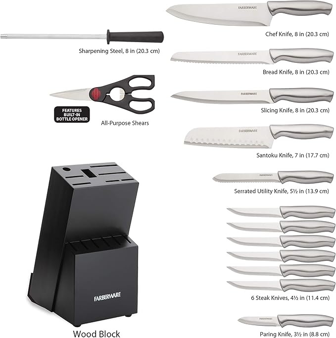 Farberware 15-Piece Stamped Stainless Steel Knife Block Set, High-Carbon Stainless Steel Kitchen Knife Set with Ergonomic Handles, Razor-Sharp Knives with Wood Block, 15-Piece, Black 2