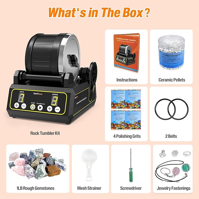 C1 Rock Tumbler Kit - Professional Large 2.5LB Capacity, Up to 5X More Noise Cancelling, Adjustable Timer & Speed with Full Accessories & Memory Function