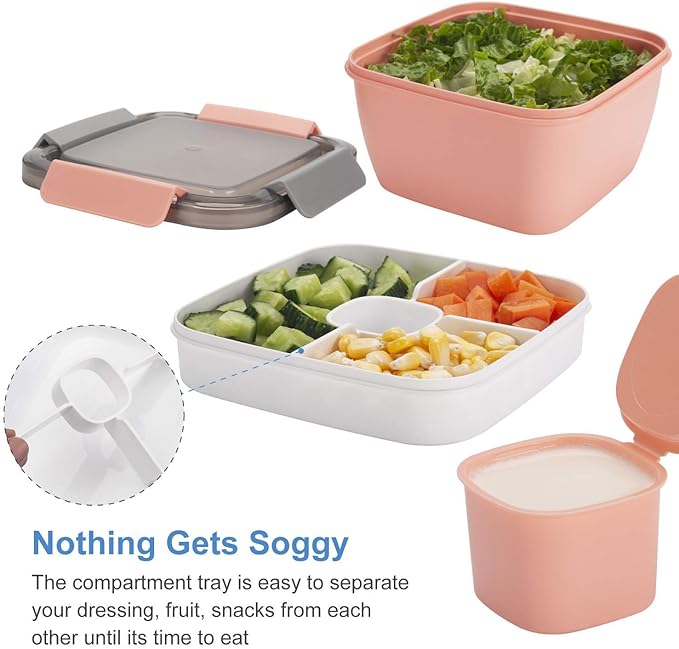 Freshmage Salad Lunch Containers To Go, 2 Pack 52-oz Bowls with 3 Compartments, Dressing Containers for Toppings, Snacks (Blue+Pink)