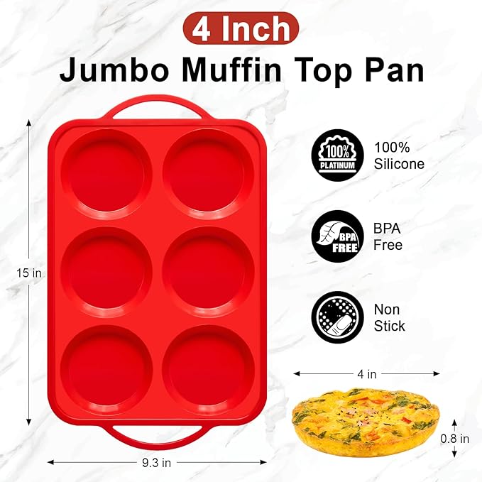 4 Inch Jumbo Muffin Top Pan with Metal Frames, Silicone Egg Mold for Breakfast Sandwiches, Egg Bite Baking Tray, BPA Free & Non-Stick