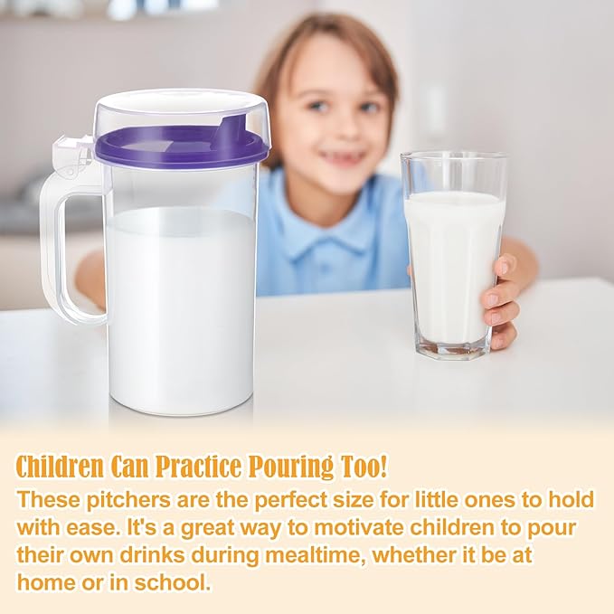 6 Pack Early Learning Kids Easy Pouring Mini Pitchers Clear Plastic Pitcher with Lid and Handle Easy Pour Bottles 16 Oz. Jugs with Lids for Classroom Nursery Home (Colorful)