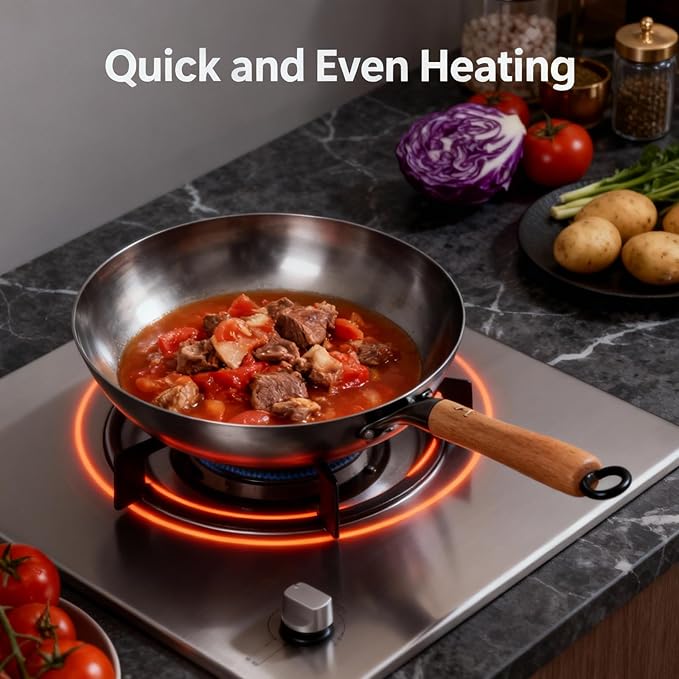 12" Pre-Seasoned Round Bottom Carbon Steel Wok with Lid - Hand-Forged Commercial Grade Chinese Wok for Open-Flame Gas Stovetops - Fast Even Heating, Ready-to-Use Toxin-Free Cooking, Easy Maintenance