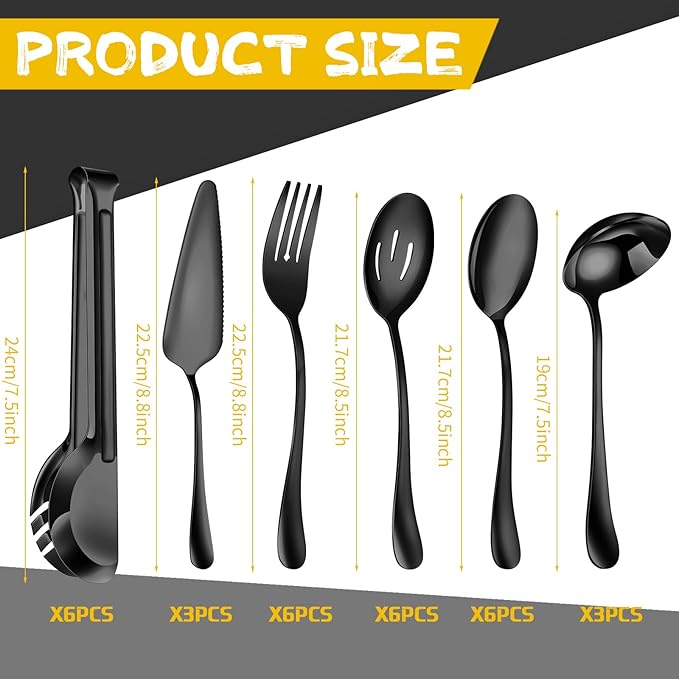 Thenshop 30 Pcs Stainless Steel Serving Utensils Set Flatware Set Include Large Serving Spoons Slotted Spoons Forks Soup Ladle Pie Server and Tongs for Buffet Party(Black)