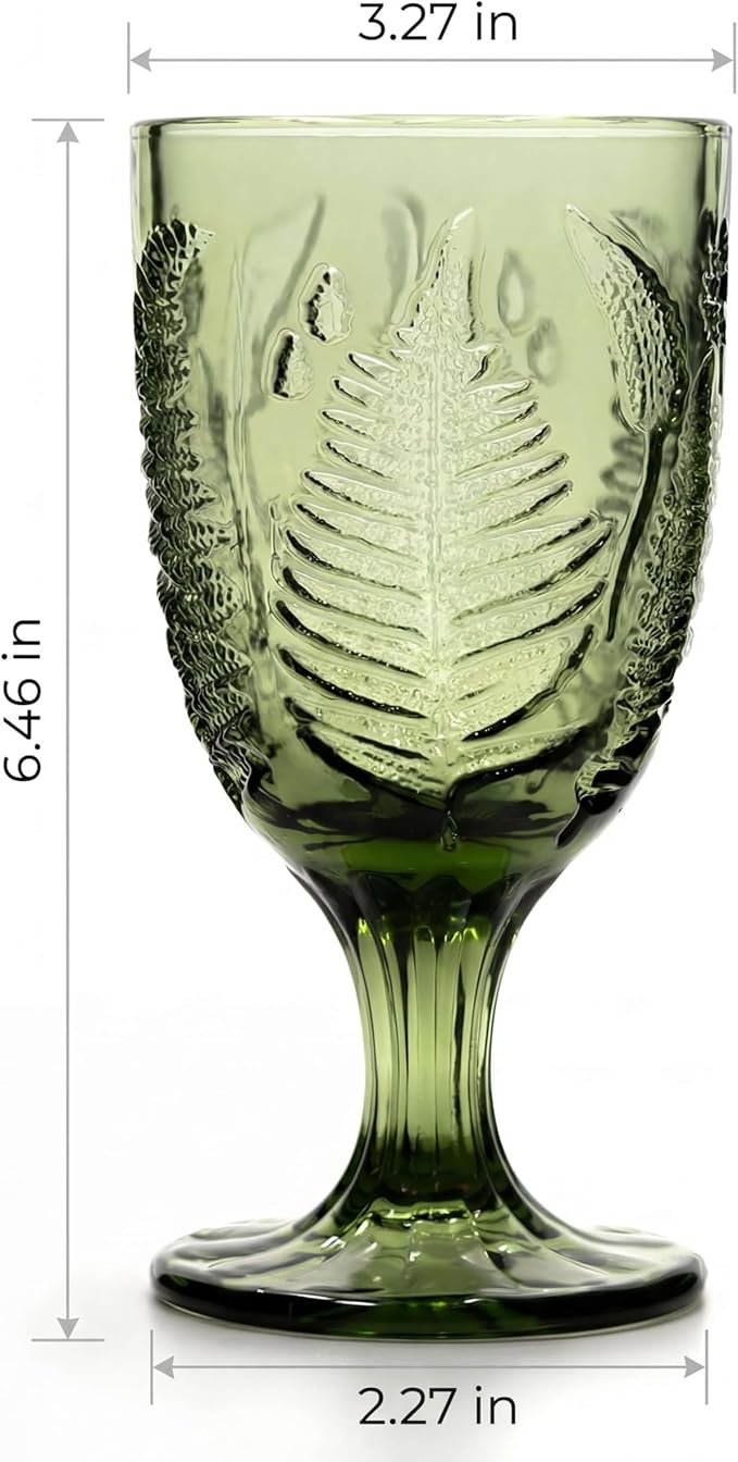 Vintage Green Stemmed Goblets Set of 4, Fern Embossed Textured Glass Wine Goblets, Retro Boho Colored Stemware, Decorative Drinking Glasses for Water, Wine & Cocktails, Vintage Glassware Gift Set