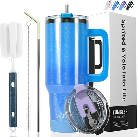 30 oz Shiny Tumbler with Handle,Tumbler with Lid and Straw,Double Wall Insulated Cup Stainless Steel Travel Mug(Cold for 34 Hours),Water Bottle for Iced Tea,Coffee,Cold Beverages(Blue)