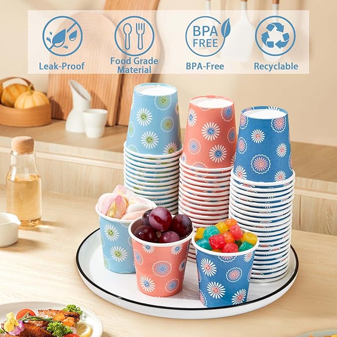 SIUQ 300 Pack 5 oz Paper Cups, Disposable Bathroom Cups, Small Mouthwash Cups, Hot/Cold Beverage Drinking Mini Cup for Party, Picnic, BBQ, Travel (Daisy)
