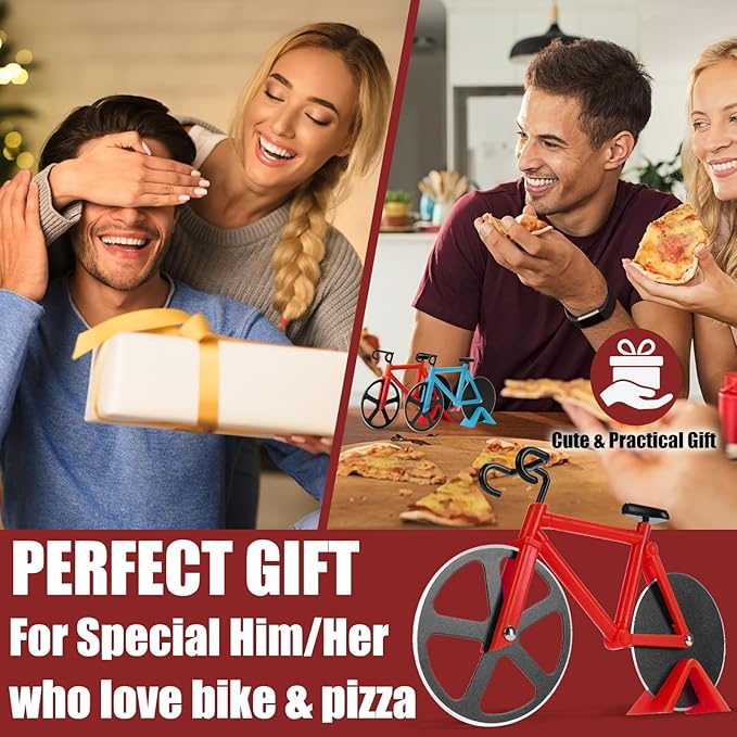 Bicycle Pizza Cutter Wheel - Gifts for Cyclists, Men, Dad, Bike Lovers - Funny Kitchen Gadgets - Cool Father’s Day, Christmas, Birthday, White Elephant Gifts - Stainless Steel Pizza Slicer(Red)