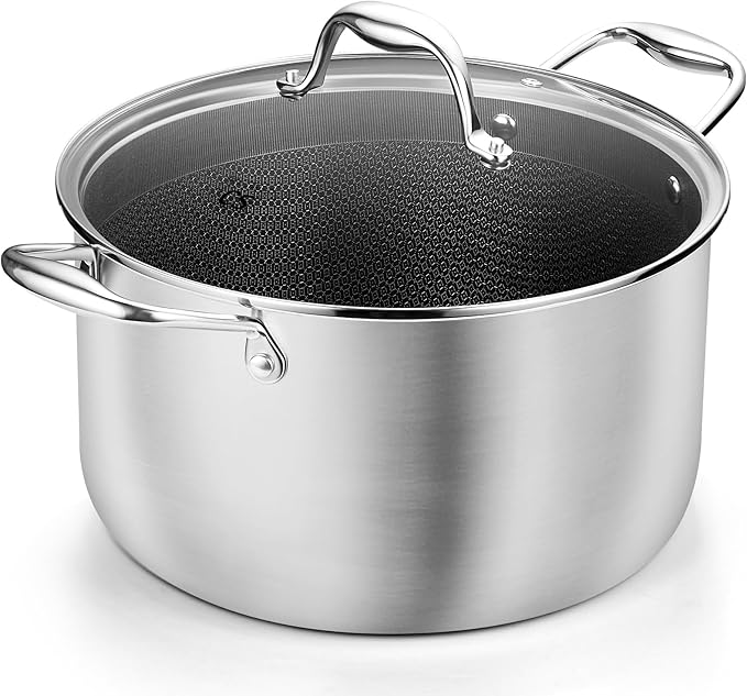 KOCH SYSTEME CS Tri-ply Stainless Steel Stock Pot, 8-Quart Nonstick Hybrid 18/10 Stainless Steel Pot with Lid, Soup Pots with Nonstick Honeycomb Interior, Compatible with All Cooktops, Oven Safe