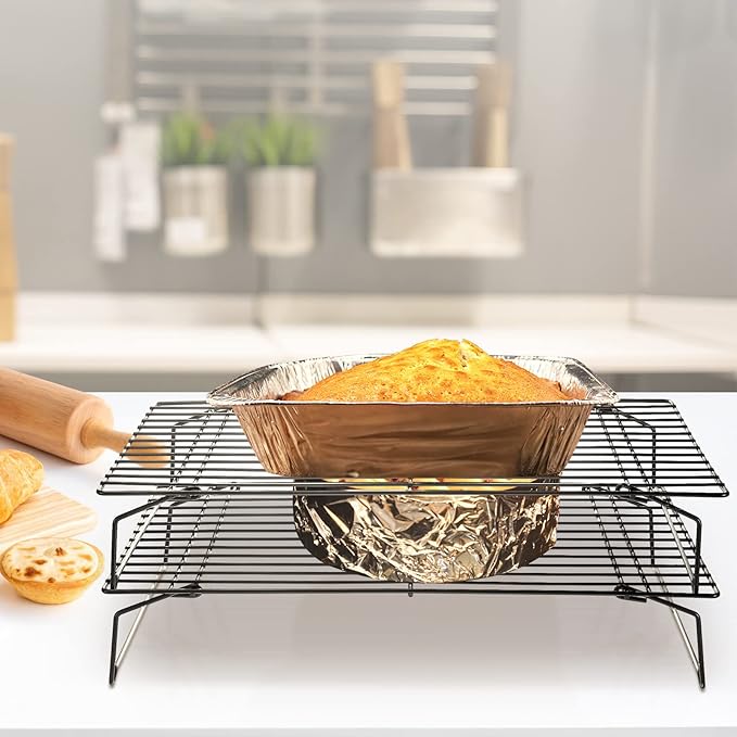 meekoo 2 Pack 4 Tier Cooling Rack Stackable Collapsible Folding Legs Stainless Steel Wire Rack for Baking Cooking Drying Roasting Cookies Bread Meat Oven Use, 16 x 10 Inch