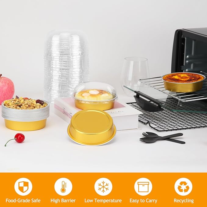 LNYZQUS 8oz Mini Cake Pans with Lids 50 Pack, Disposable Aluminum Foil Small Cake Pans 4 Inch Pie Tart Baking Tins,Individual Cheesecake Creme Brulee Pans Contaniers-Gold
