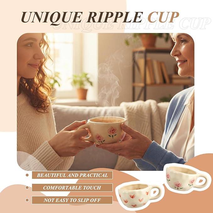 Vesici 2 Pcs Ceramic Coffee Mugs with Spoon, Vintage Floral Spring Mugs with Handle, 8.5 oz Aesthetic Flower Porcelain Tea Cup Set, Dishwasher & Microwave Safe for Home Office Gift(Heart,Rose)