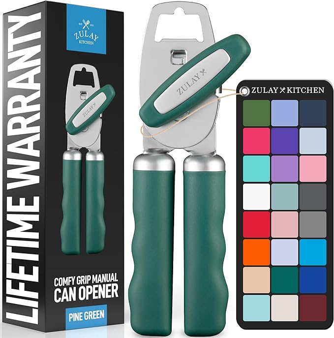 Zulay Kitchen Heavy Duty Stainless Steel Can Opener Manual with Bottle Opener - Rust Proof Manual Can Opener With Turn Knob & Comfy Soft Grip Handles - Pine Green