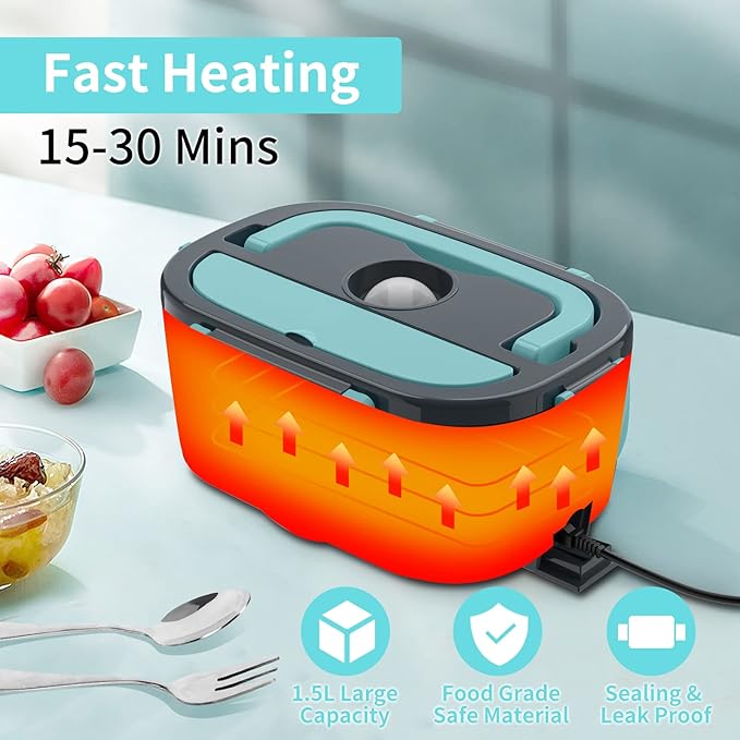 Electric Lunch Box, Food Warmer Heater 12V 24V 110V, 80W Faster Heated Lunch Box for Car/Truck/Home Portable Heating Boxes with 1.5L 304 SS Container Fork & Spoon