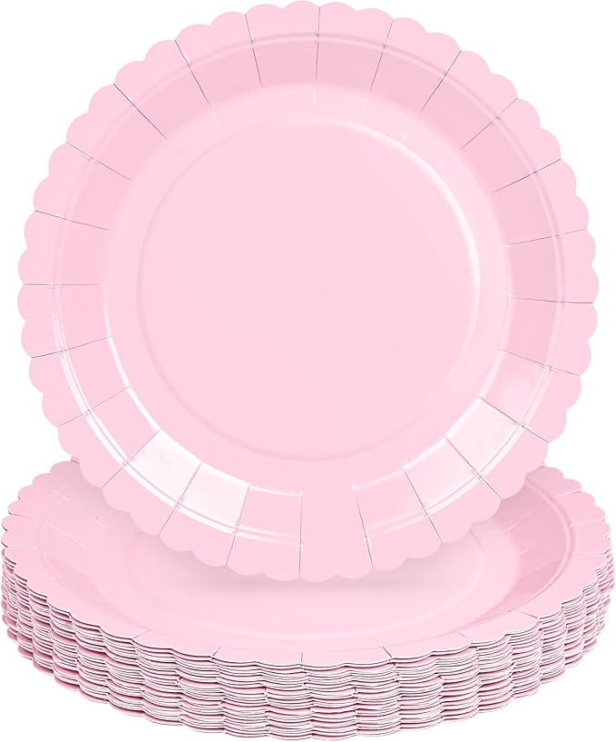 30 Pcs Pink Plates, 9 Inch Pink Scalloped Dessert Plates Disposable Dinner Paper Plates Cake Party Plates for Easter Party, Baby Shower, Wedding, Bridal Shower, Birthday Party, Mother's Day