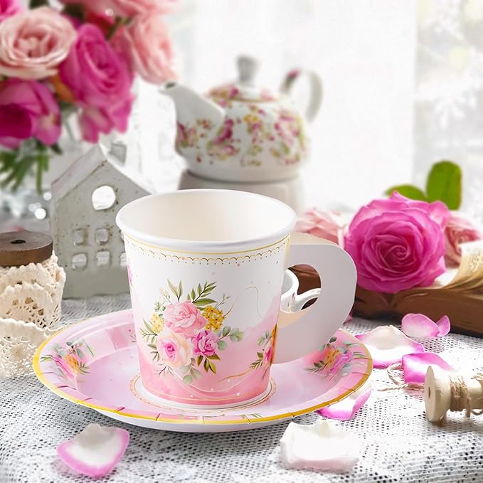 HOMIX 24 Paper Tea Cups and Plates, 7 OZ Disposable Paper Teacups and Saucer Sets for Hot and Cold Drinks for Birthday, Princess, Floral, Tea Party Decorations