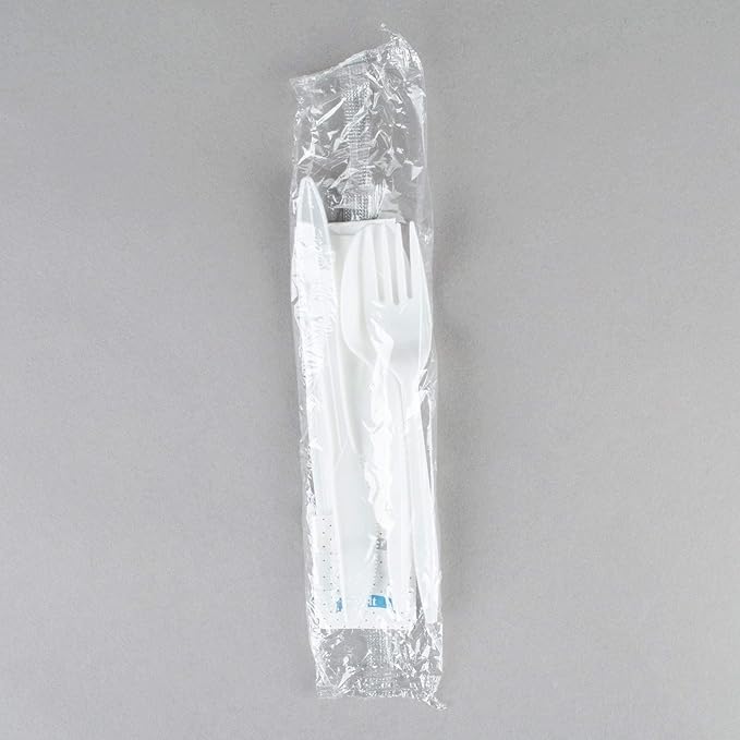 450 White Plastic Cutlery Packets - Knife Fork Spoon Napkin Salt Pepper Sets, Individually Wrapped Disposable Silverware