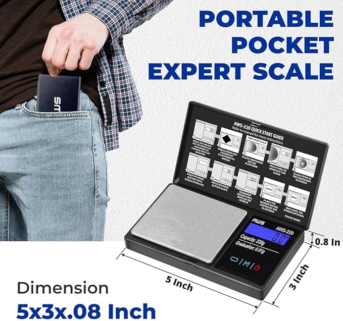 American Weigh Scales 220g x 0.01g Digital Pocket Weight Scale | Precision Digital Scale LCD Screen Accurately Measures Jewelry Gemstone Coins, Small Pocket Food Scale, Electronic Medicine Lab Scale