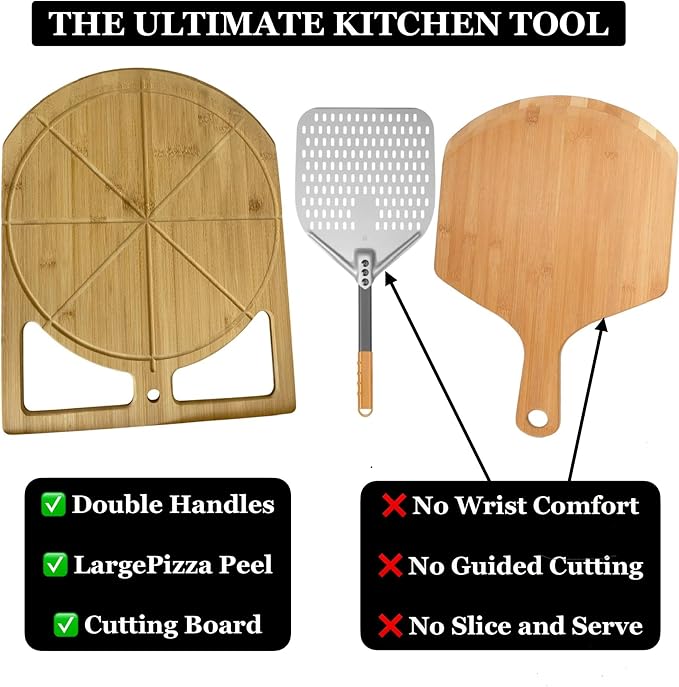 17"x13.5" Bamboo Pizza Peel & Cutting Board 2-in-1 | Dual-Grip Wooden Pizza Paddle with Pizza Spatula | Large Pizza Board Baking Accessories | Pizza Turning Peel for Oven, 2-in-1 Pizza Set