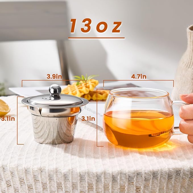 PARACITY Tea Cup with Infuser and lid, Glass Tea Cup of Heat Resistant Glass, 13oz Tea Mug, Clear Teacup for Loose Tea, Blooming Tea, Tea Bag, Tea Cup with Strainer for Family Daily