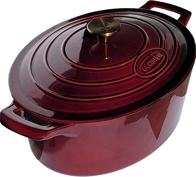 La Cuisine Enameled Cast Iron Oval Dutch Oven Casserole Dish Pot with Lid 5 QT Internal Matt Black Enamel Coating, Cranberry, Gold-Plated Stainless Steel Lid Handle, Oven Safe