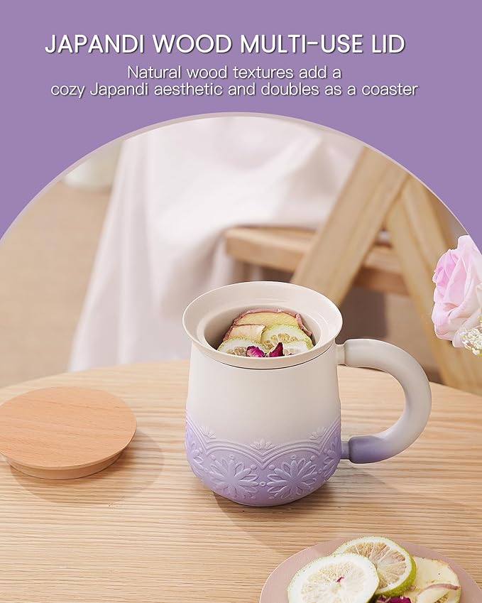 ZENS Tea Mug with Infuser and Lid for Loose Leaf Tea Steeper, 11 oz Embossed Ceramic Tea Cup with Strainers. Wood Lid Tea Diffusers Mugs for Collector's Mug Gifts, Pale Purple