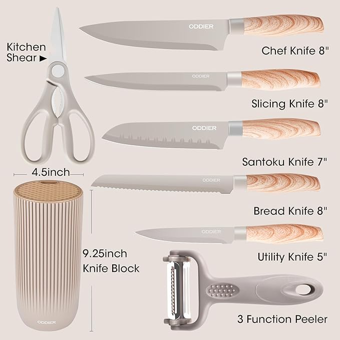 Knife Set, 8 Piece Kitchen Knife Set, Stainless Steel Knives Set for Kitchen, Universal Knife Block Set, Kitchen Kinfe Essentials, New Home Apartment Essentials, Dishwasher Safe (Khaki)