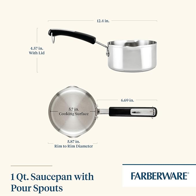 Farberware Brilliance Stainless Steel Saucepan/Saucepot with Side Spouts for Easy Pouring, 1 Quart, Dishwasher Safe and Induction Ready, Compatible with All Cooktops, Stainless Steel