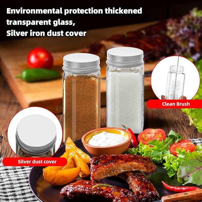 2Pcs 4oz Glass Spice Jars with Shaker Lids, Spice Jars Trial Set & Supplement Set, Empty Spice Containers and Square Spice Bottles for Kitchen (silver iron Lids)