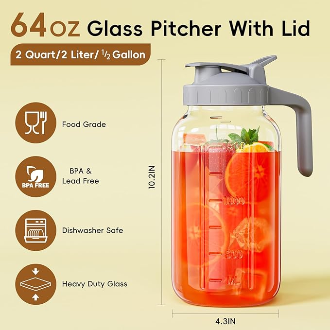 Glass Mason Jar Pitcher, 64 oz Wide Mouth Jug with Pour Spout Handle Lid for Cold Brew Coffee, Ice Beverage, Iced Juice, Lemonade, Sun Tea, Fruit Drinks Container(2Pack Gray)