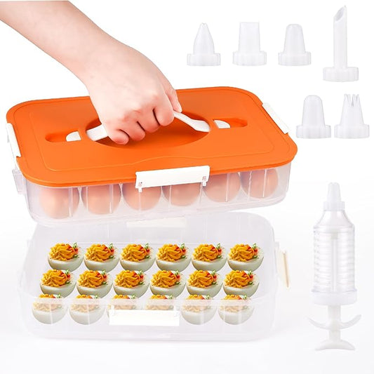 2-Layer Deviled Egg Container With Lid, 36 Slots Egg Tray Carrier With Handle and Injector Piping Tool, Portable Storage Platter for Party Picnic Travel (Orange)