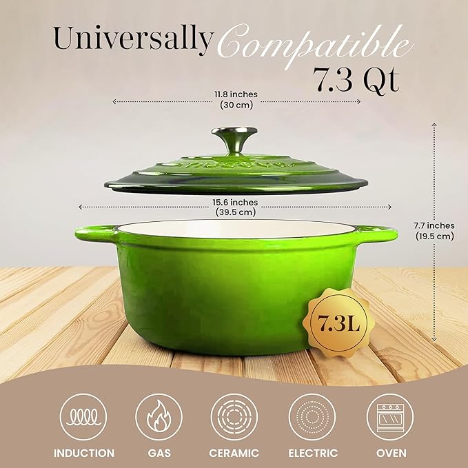 Cast Iron Dutch Oven with Lid – Non-Stick Ovenproof Enamelled Casserole Pot – Sturdy Dutch Oven Cookware – Green, 7.3-Quart, 30cm – by Nuovva