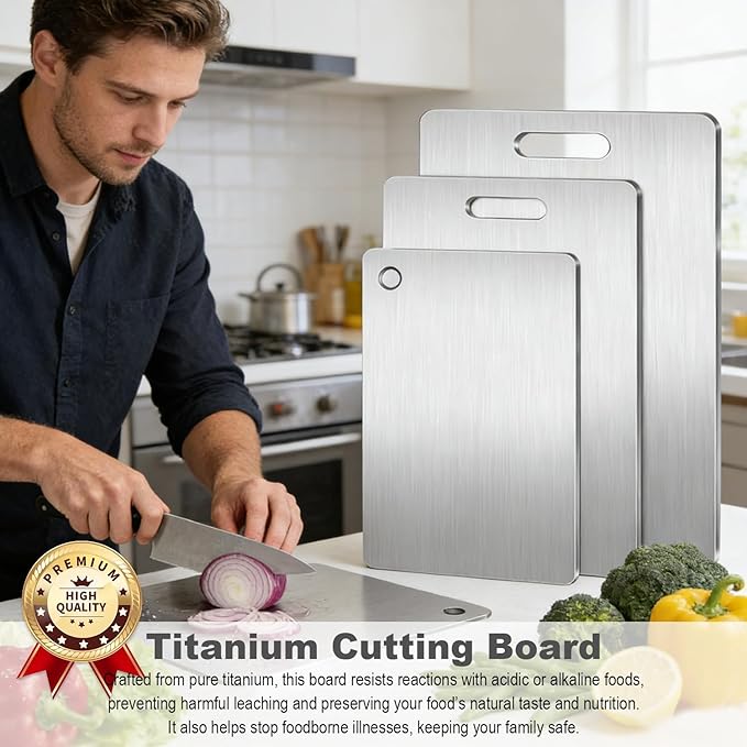 Titanium Cutting Board Set of 3, Titanium Cutting Boards for Kitchen, 100% Double Sided & Food-Grade Titanium Cutting Boards, Dishwasher Safe, Suitable for Separate Raw and Cooked Food (M+L+XL)